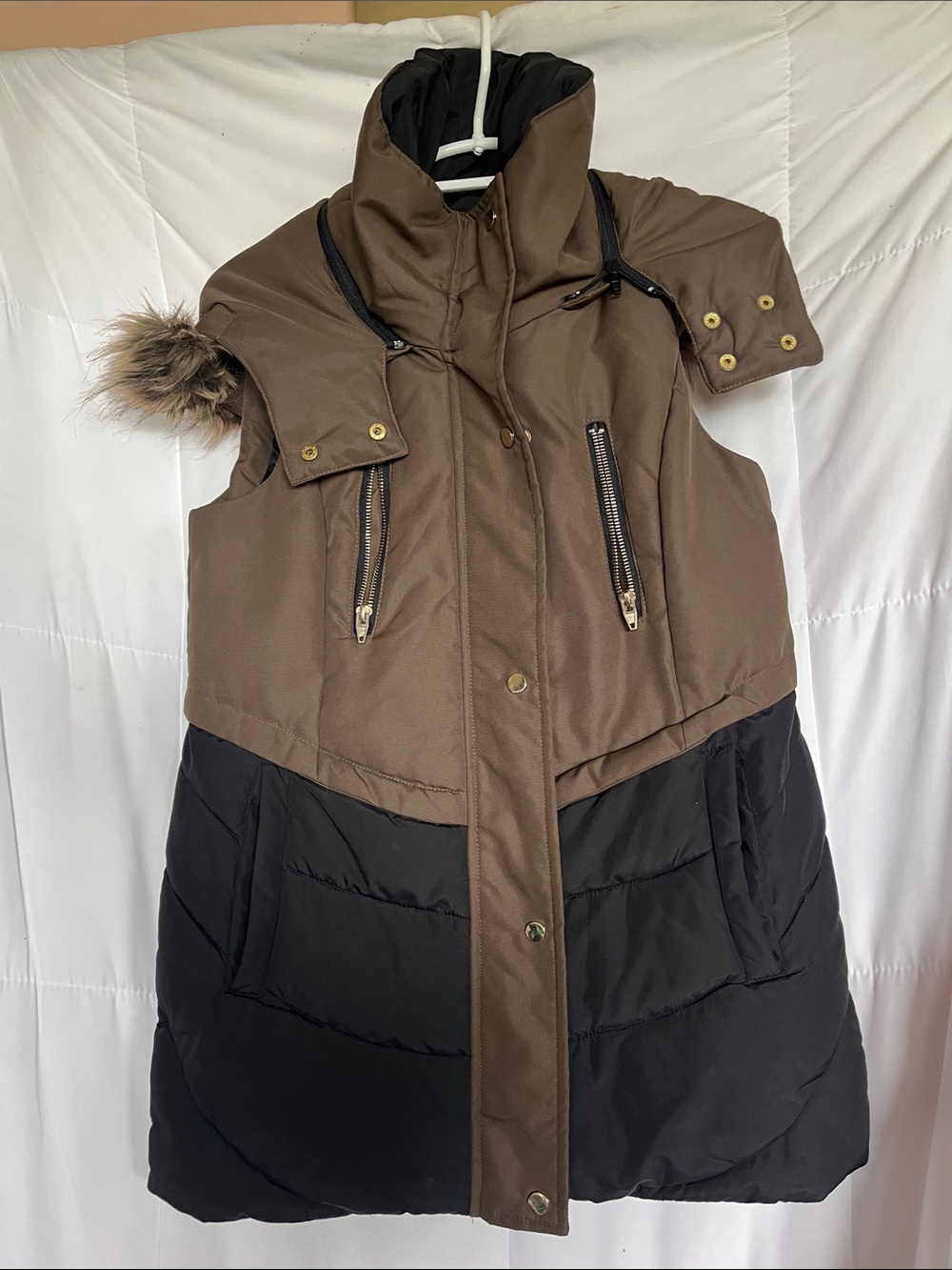 Koton Two Tone Hooded Faux Fur Trimmed Vest Brown Black Outerwear Vest US Small